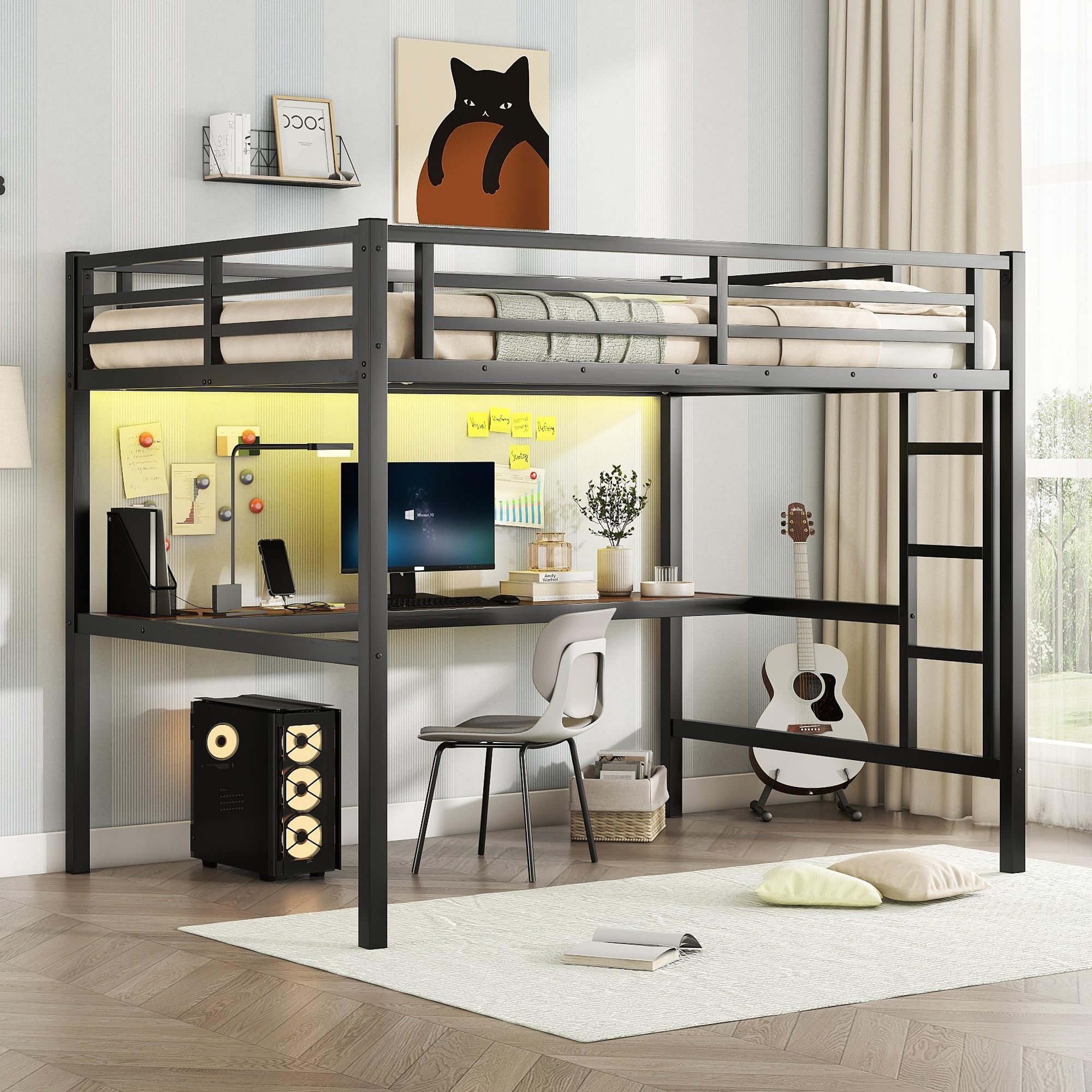 Photo 1 of Metal Full Size Loft Bed with Desk and Charging Station,Heavy Duty Loft Bed Frame with LED Lights and USB for Kids,Teens,Adults,Full Size,Black