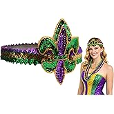 Nicky Bigs Novelties Mardi Gras Headband Sequin Fleur de lis- Mardi Gras Acessories Fascinator Headpiece Hair or Hat Band for New Orleans Purple Yellow Gold Green, Adjustable