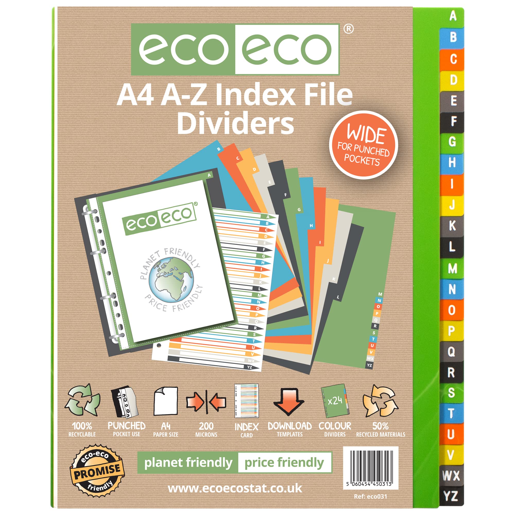 eco-eco A4 50% Recycled Set 24 A-Z Wide Index File Dividers