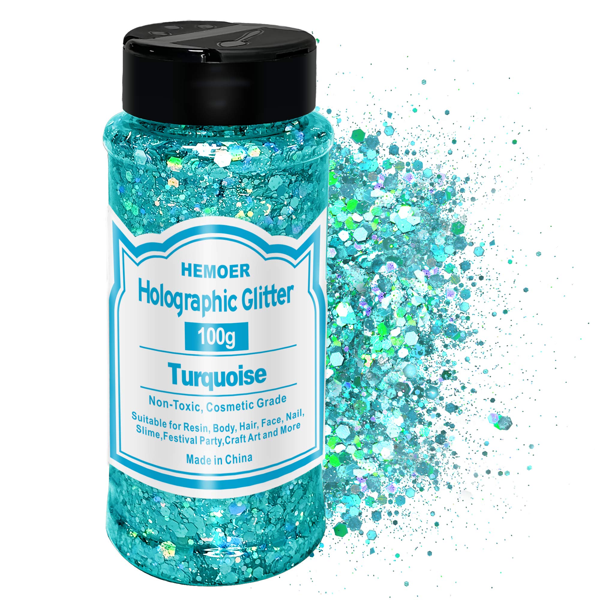 HEMOER Turquoise Glitter, 100g/3.5oz Holographic Chunky Glitter Mixed Hexagon Chunky & Fine Flakes Cosmetic Iridescent Sequins for Epoxy Crafts, Resin, Nail Body, Tumblers, Party Decoration