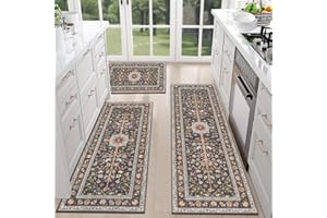 HEBE Washable Kitchen Rugs Sets of 3, Non Slip Absorbent Kitchen Rugs and Mats, Farmhouse Stain Resistant Kitchen Mat Carpet 