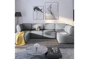 PUREMIND 149 Inches U-Shaped Modular Sectional Sofa Couch with Reversible Ottoman, Convertible 6-Seats Linen Modular Sectional Couches for Living Room（Light Grey）