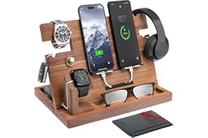 ETERLUCK Wooden Docking Station Men, Nightstand Organizer Bundle w/RFID Blocking Leather Wallet - Charging Station, Cell Phone Stand, Tablet Stand, Husband Gifts from Wife, for Dad - Walnut