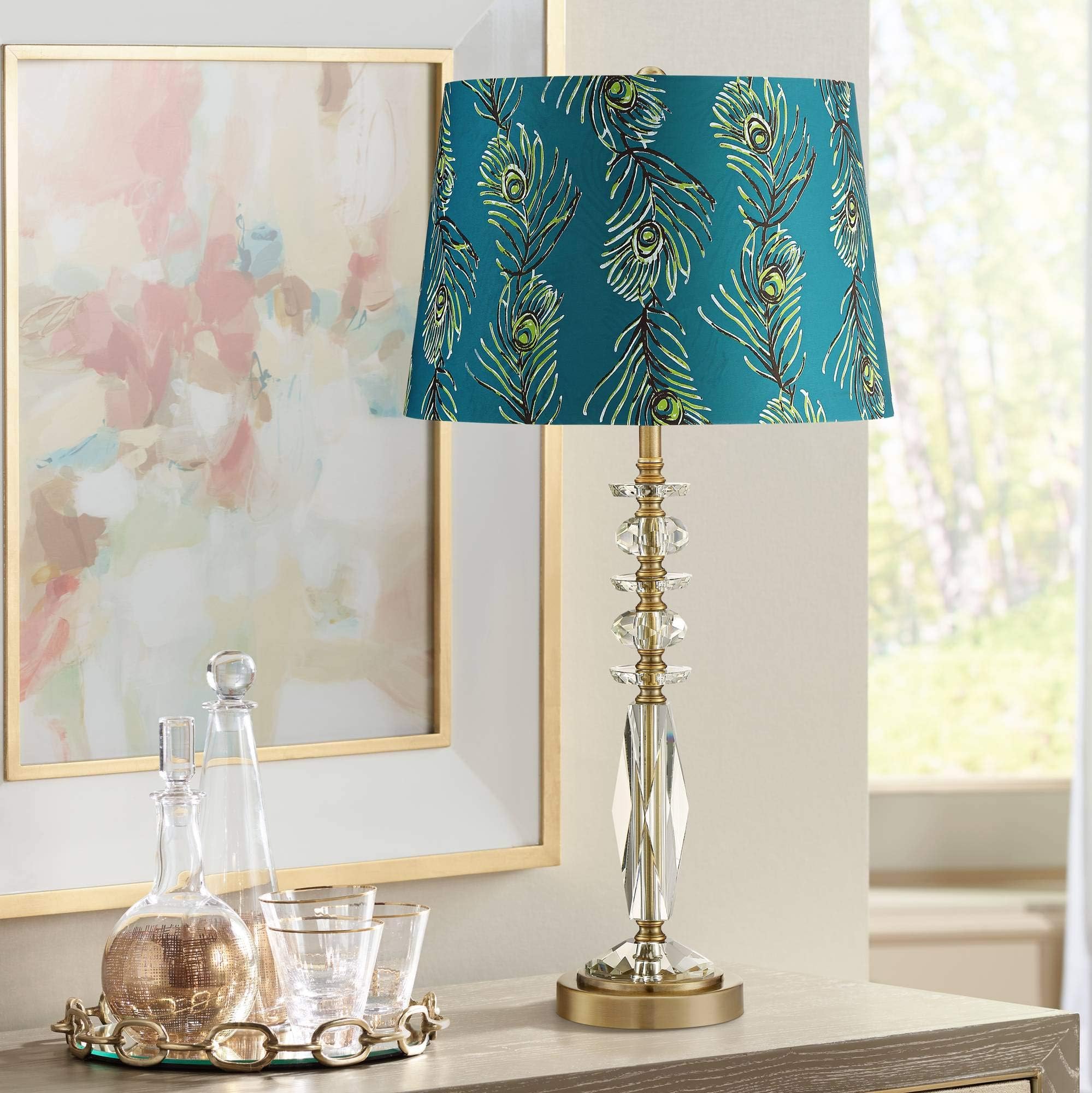 Pavone Traditional Table Lamp Gold Metal Crystal Teal Peacock Feather Print Tapered Drum Shade for Living Room Bedroom Bedside Nightstand Office Family - Possini Euro Design