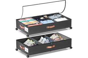 LESHZHEN Under Bed Storage with Wheels, 2 Pack Under Bed Storage Containers with Dividers & Clear Lids, Under the bed storage Organizer Bins,Underbed Storage with Wheels for Clothes,Toys,Shoes (Black, 2 Pack)