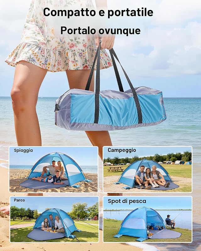 Tenda da Spiaggia Pop Up per Mare per 3 Persone, Tenda da Sole Portatile con Borsa per il Trasporto e Ancoraggi a Terra, Ombrellone da Spiaggia Leggero per Campeggio, Pesca, Picnic