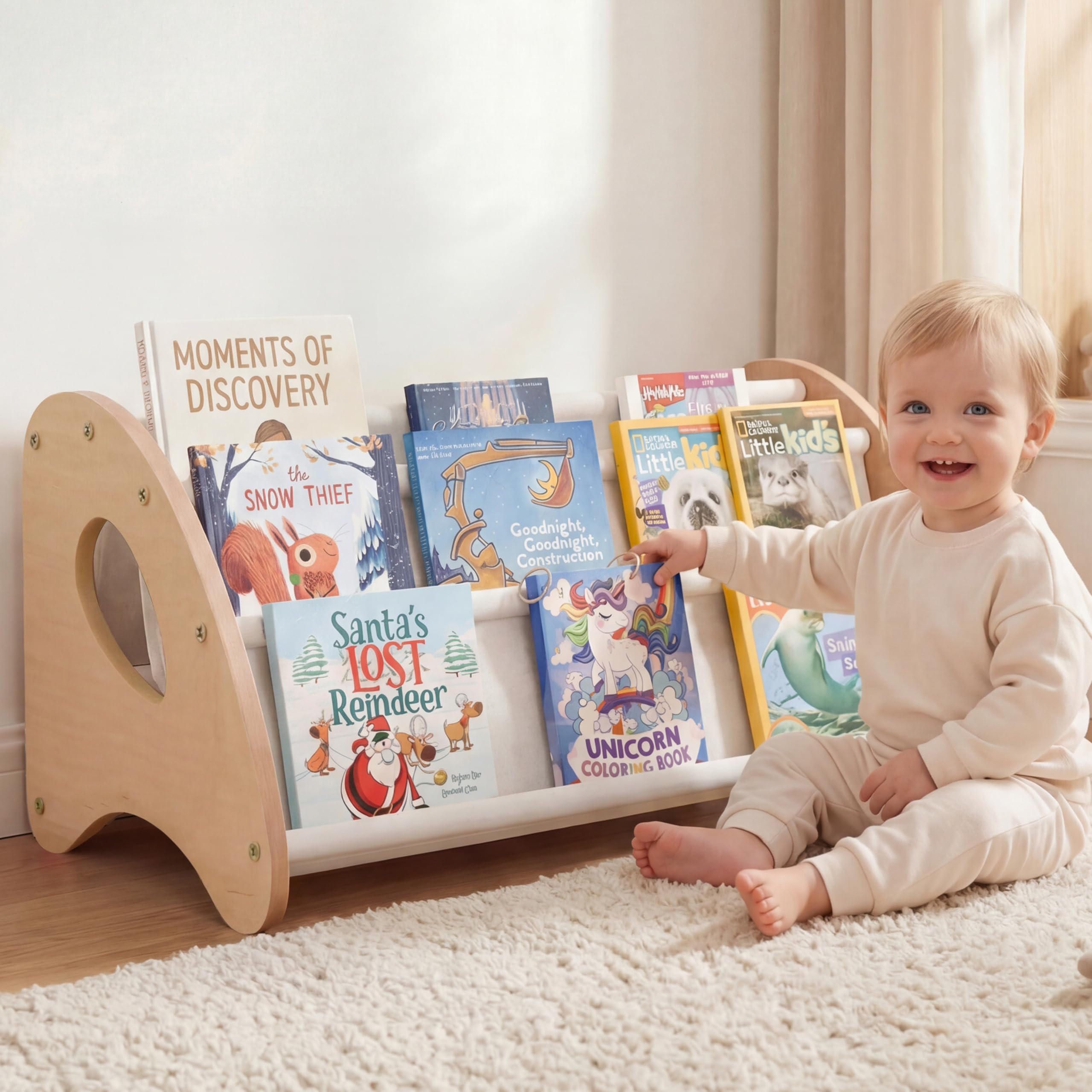 Photo 1 of yoopin Kids Bookshelf, 4-Tier Montessori Book Shelf for Kids Rooms, Easy Installation, Eco-Friendly Wooden Storage Organizer,28.7” x 15.7” x 13.6” Natural/White