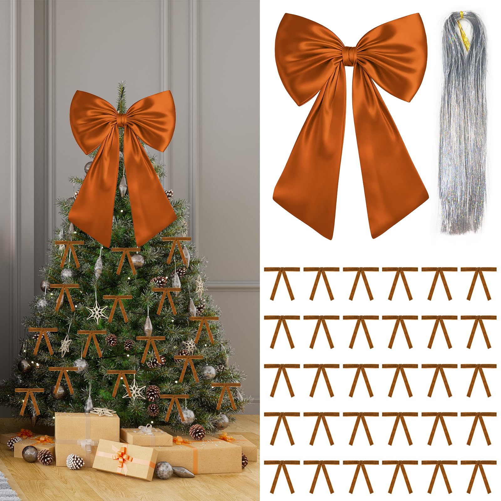 Photo 1 of 17x23 Inch Large Brown Bow for Christmas Tree Topper Christmas Tree Decoration Set: 24 Small Velvet Bows, 1 Pcs Big Tree Topper Bow, 3000 Strands of Tinsel Icicles for Holiday Decor(Brown)