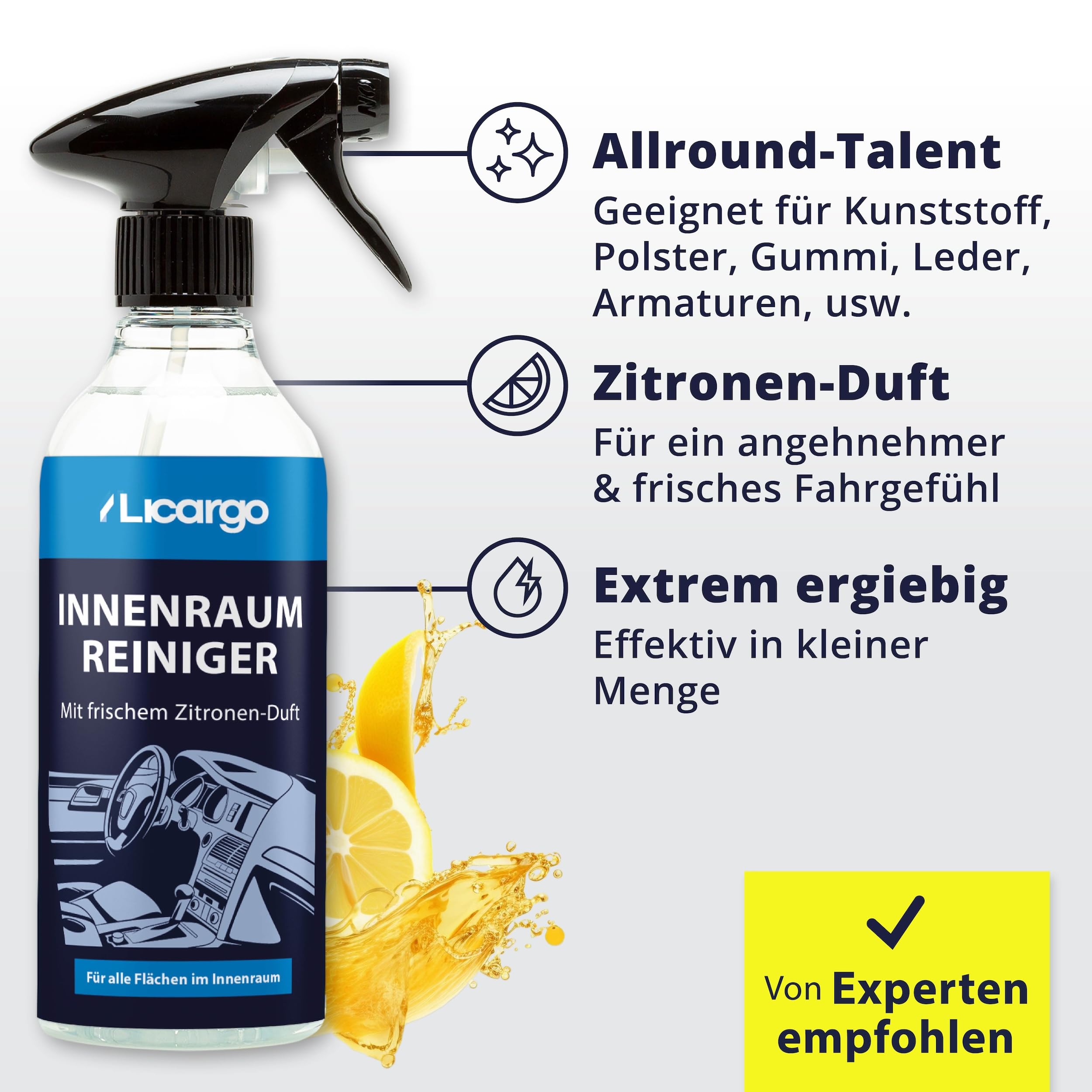 LICARGO Innenraumreiniger Auto 500 ml - Neuwagen-Frische in Minuten - Kraftvoll & schonend - Cockpitpflege Auto für Kunststoff, Leder & Armaturen - Polsterreiniger & Cockpitspray für den Innenraum 3
