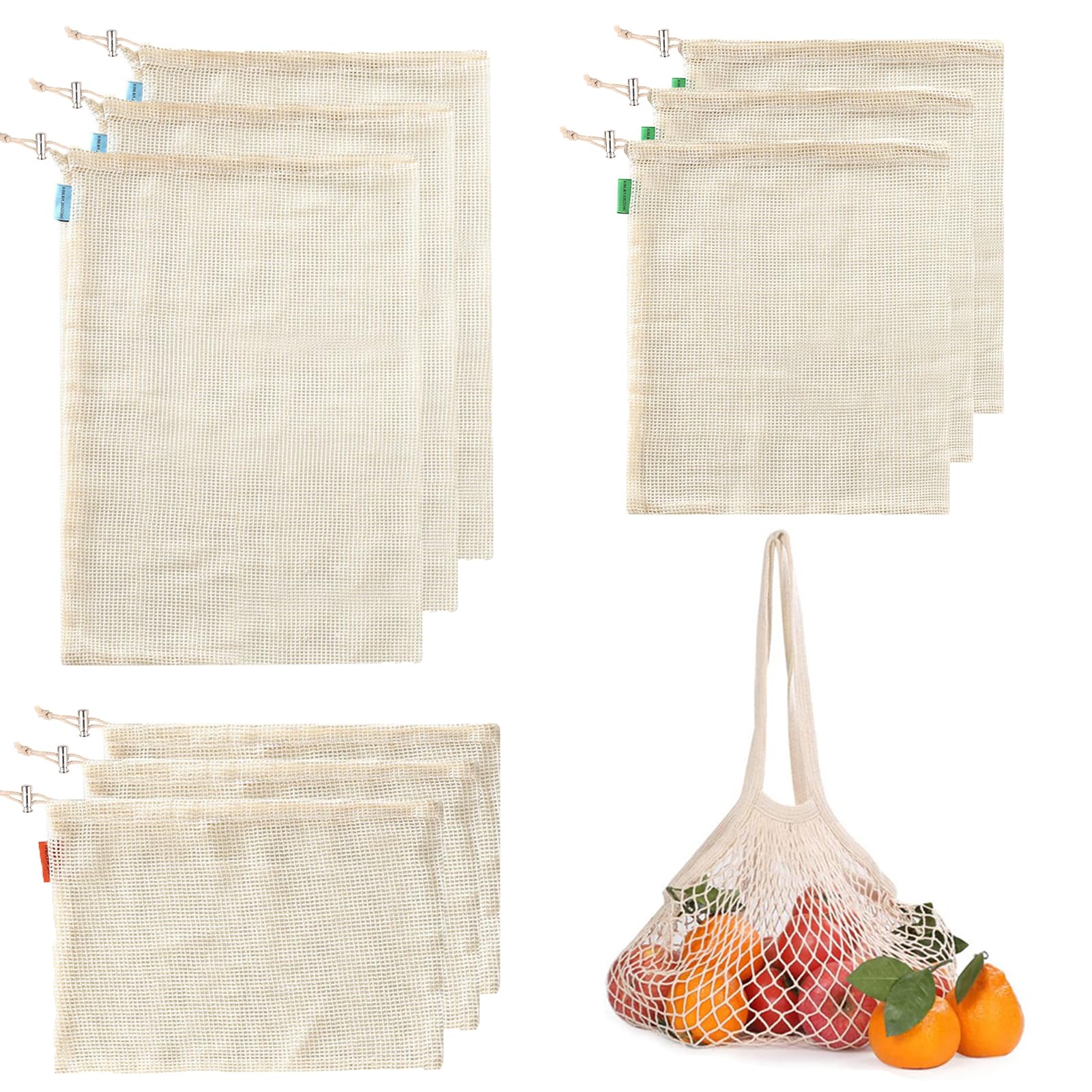 BigKing 10 Packs Net String Shopping Bags, Reusable Net Bag Fruit Bags, Cotton Washable Mesh Bulk Pouch for Vegetables Fruit Grocery Storage