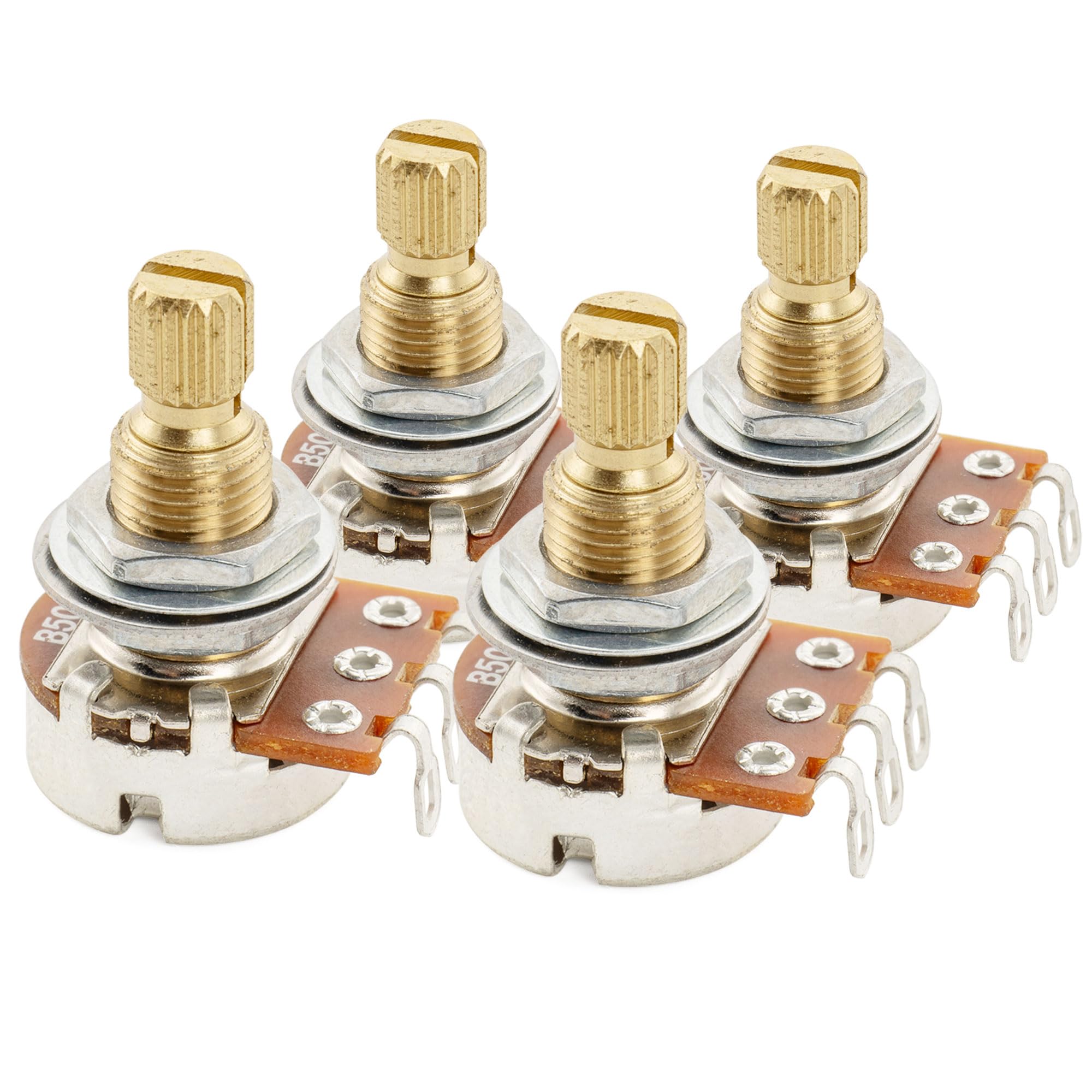Musiclily Pro B500K Brass Thread Metric Mini Potentiometers Split Shaft Linear Taper Pots for Electric Guitar Bass (Set of 4)