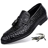 GOLDEN COXES FAMILY Formal Mens Leather Dress Shoes, Classic Ostrich Pattern Slip On Buckle Loafers Business Shoes Party Wedding Leather Loafers for Mens, Black