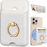 Shorogyt Compatible with Magsafe Wallet Magnetic Card Holder - Phone Wallets with Ring Grip Stand Cute Fashion for iPhone 17/16/15/14/13/12 Series for Women Girls Glitter White Design, Fit 3 Cards