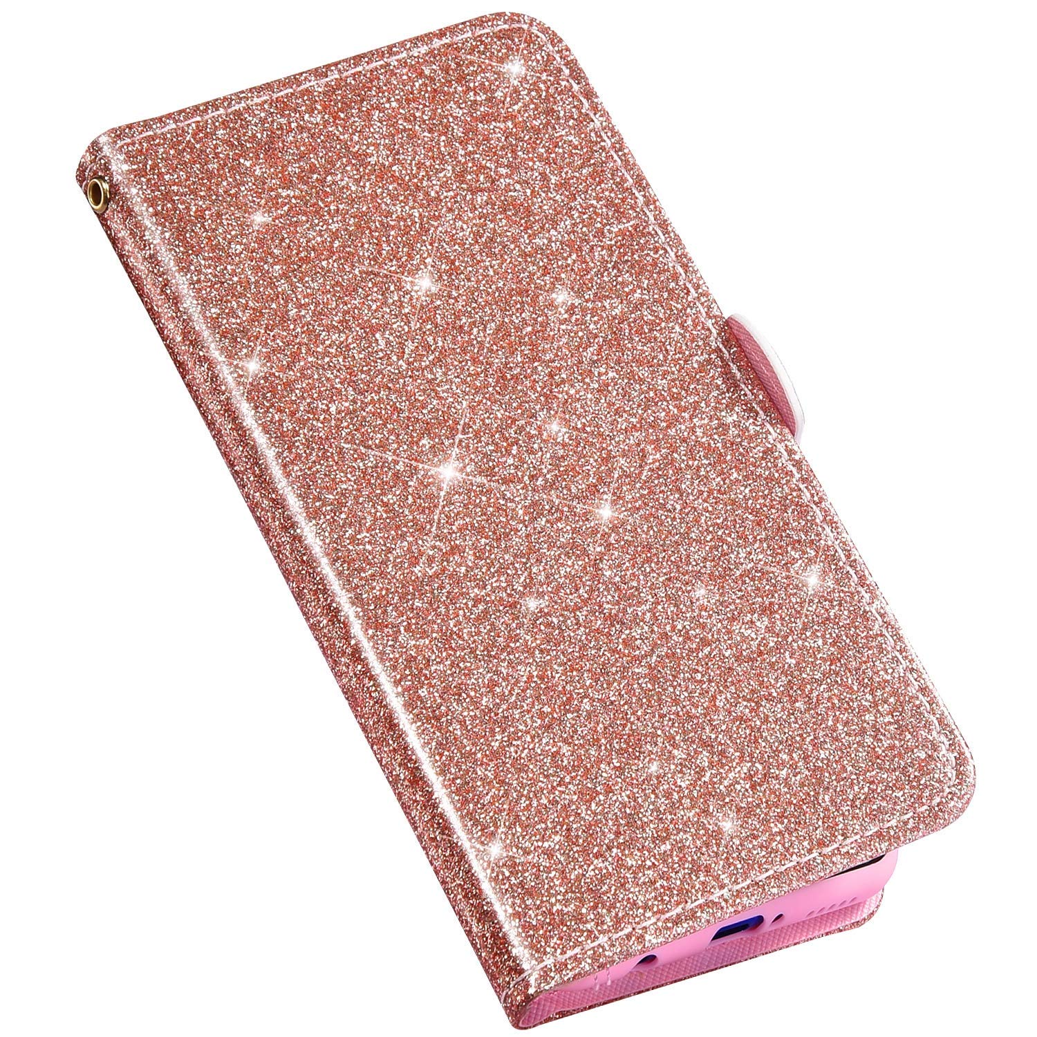 QPOLLY Glitter Glitter Case Compatible with Samsung Galaxy A7 2018 Bling Bright PU Leather Wallet Book Flip 360 Degree Case Card Holder Magnetic Closure Shockproof Cover,Rose Gold