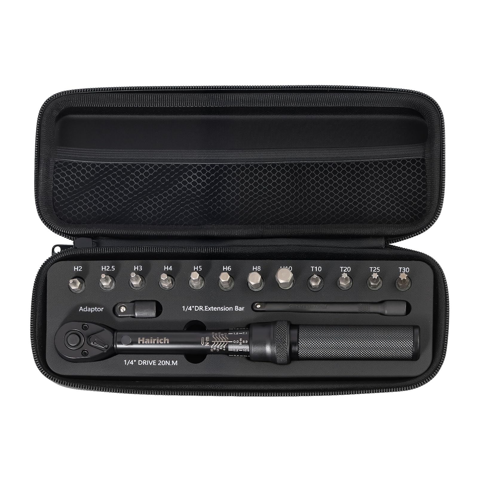 Hairich Torque Wrench Bicycle 1/4 Inch, 15-Piece Set with Hex Socket and Torx Bits, 2-20 Nm Measuring Range, Includes Extension Rod, Torque Wrench for Bicycle