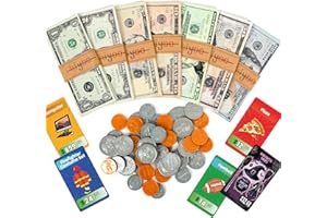 HIYOO Pretend Money for Kids - Realistic Play Money Set, 385 PCS, Making Change Game, Teaches Math & Money Skills, Shopping & Banking Toys, 80PCS Product Price Cards, Preschool Learning Tool