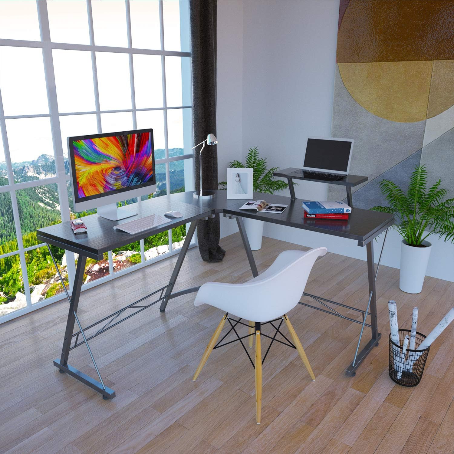 Foxemart L Shaped Desk 50.8" Computer Desk with Round Corner Modern Sturdy Gaming Home Office Desks with Large Monitor Shelf for Office, Workstation, Bedroom, Living Room, Black: Kitchen & Dining