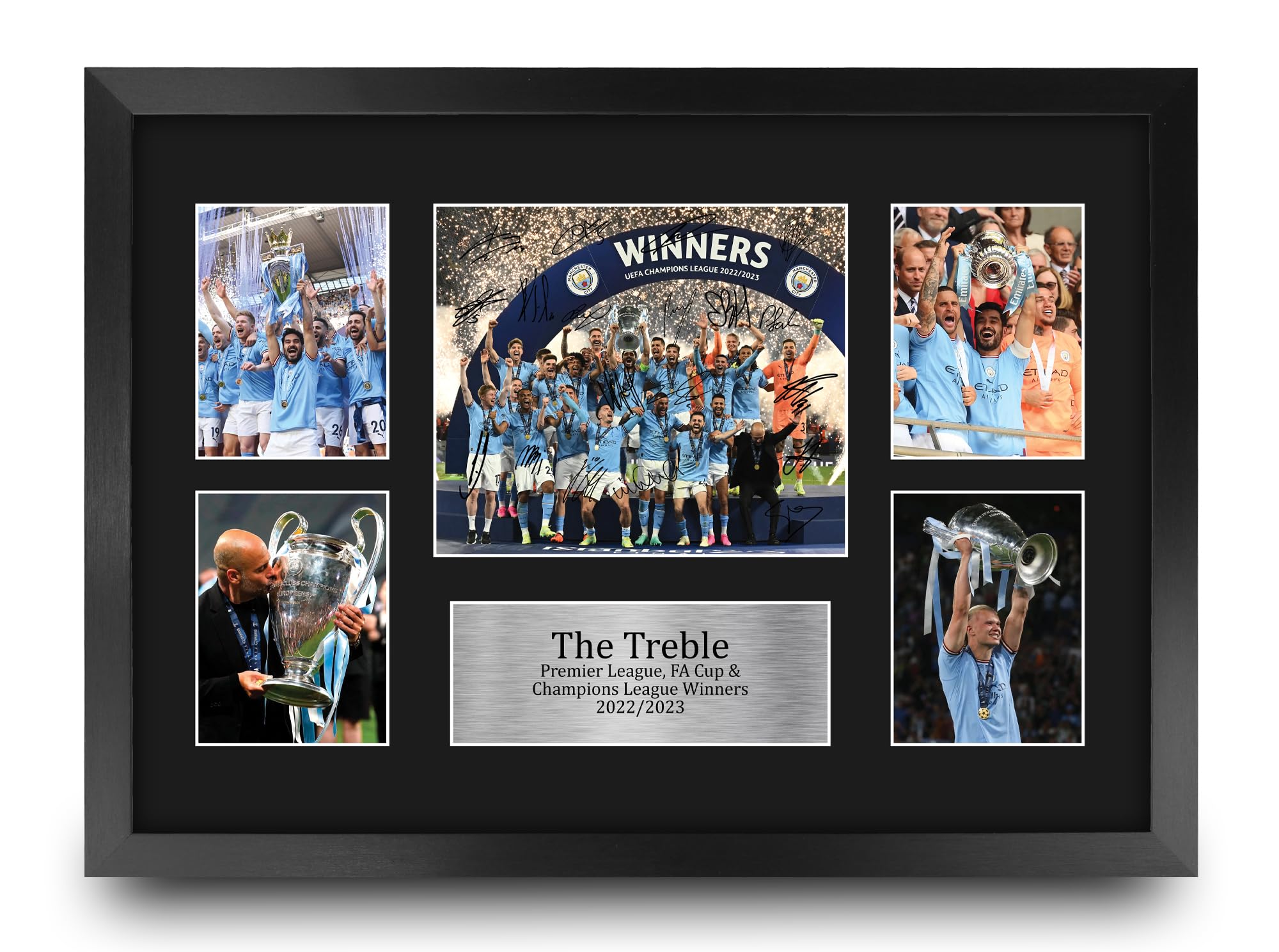 HWC Trading FR A3 Manchester City The Treble Premier League, FA Cup & Champions League Winners 22/23 Printed Signed Autograph Photograph Display for Football Fans - A3 Framed