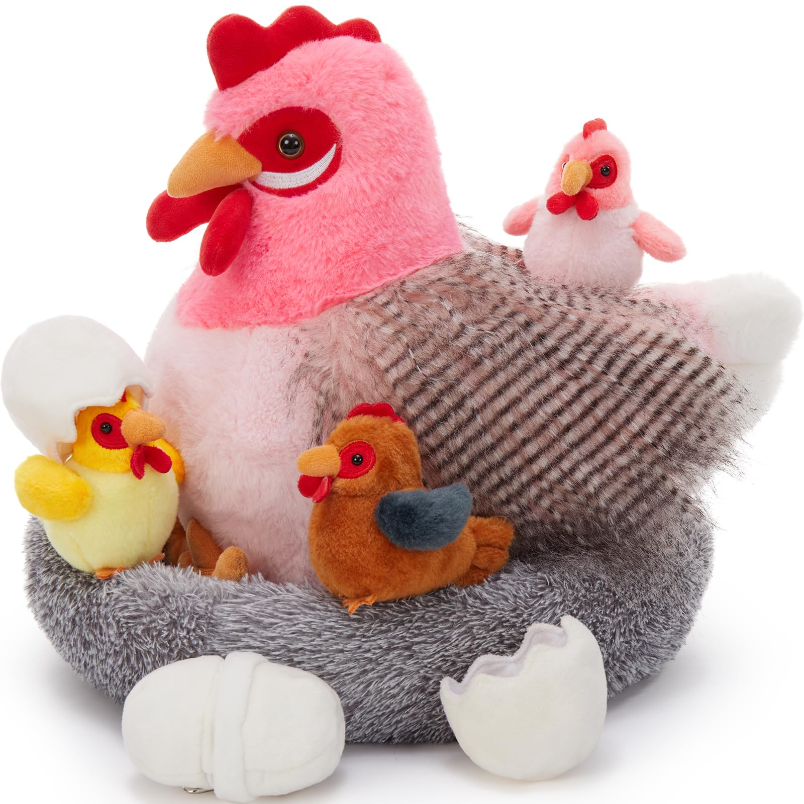 BENINY 8Pcs Chicken Stuffed Animal, Stuffed Pink Hen with Little Baby Chicks and Coop, Plush Toys for Kids, Hit of Christmas Farm Party Image BENINY 8Pcs Chicken Stuffed Animal, Stuffed Pink Hen with Little Baby Chicks and Coop, Plush Toys for Kids, Hit of Christmas Farm Party Image