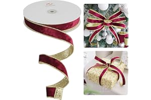 HUIHUANG Burgundy Velvet Wired Ribbon 1 inch with Glitter Gold Double Sided Christmas Wired Ribbon for Trees, Gift Wrapping, Wreaths, Garlands, Crafts Bows - Continuous 20 Yards