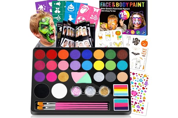 Drawdart Face Painting Kit for Kids - 24 Colors Water Based Non Toxic Face Paint Kit, Professional Face Paint for Kids with S
