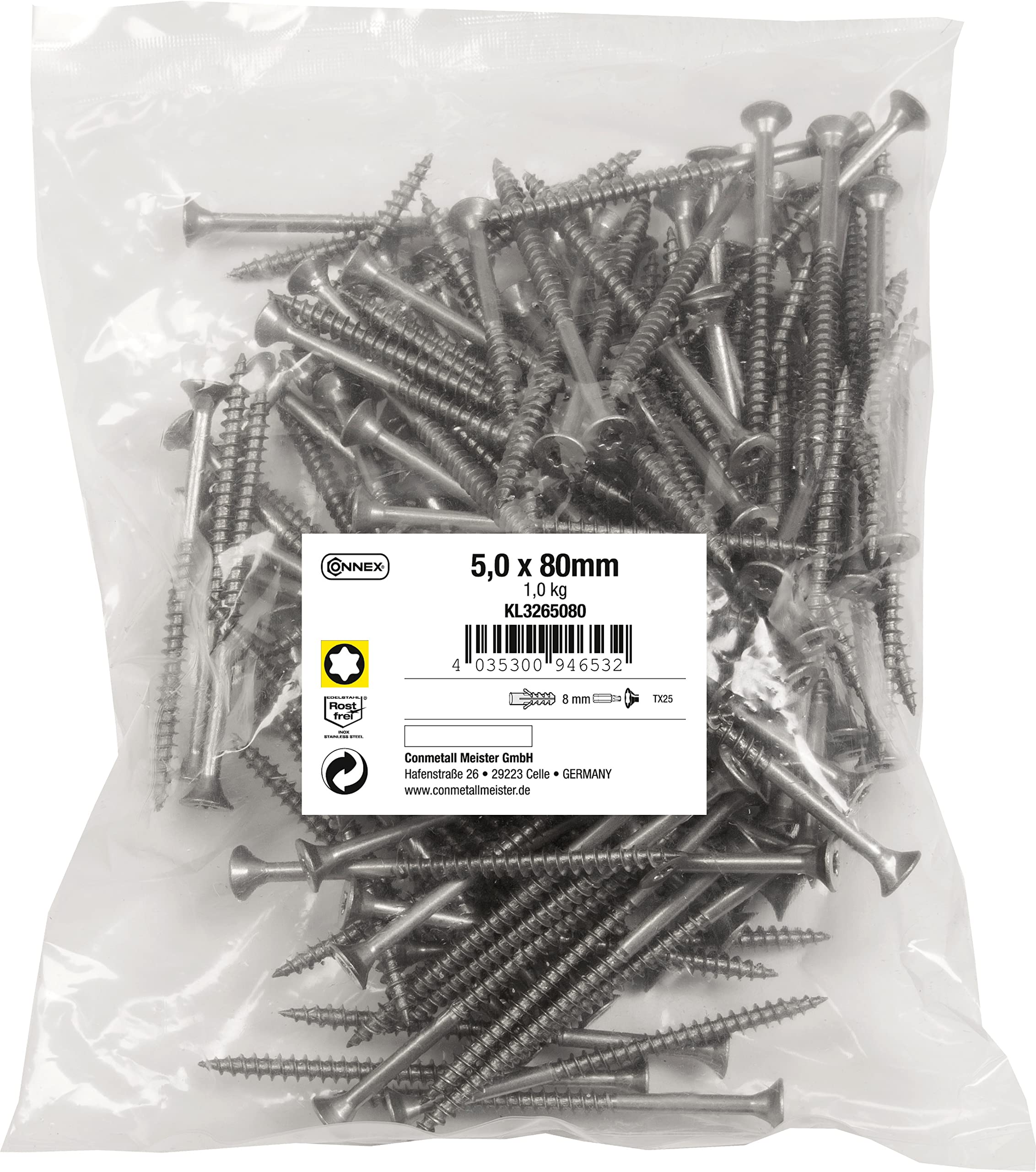 Connex KL3265080 Universal Screws 5.0 x 80 mm - 1 kg Bulk Pack - Countersunk Head - TX Drive - Partial Thread - Stainless Steel/Screw Set/Screws in Bag