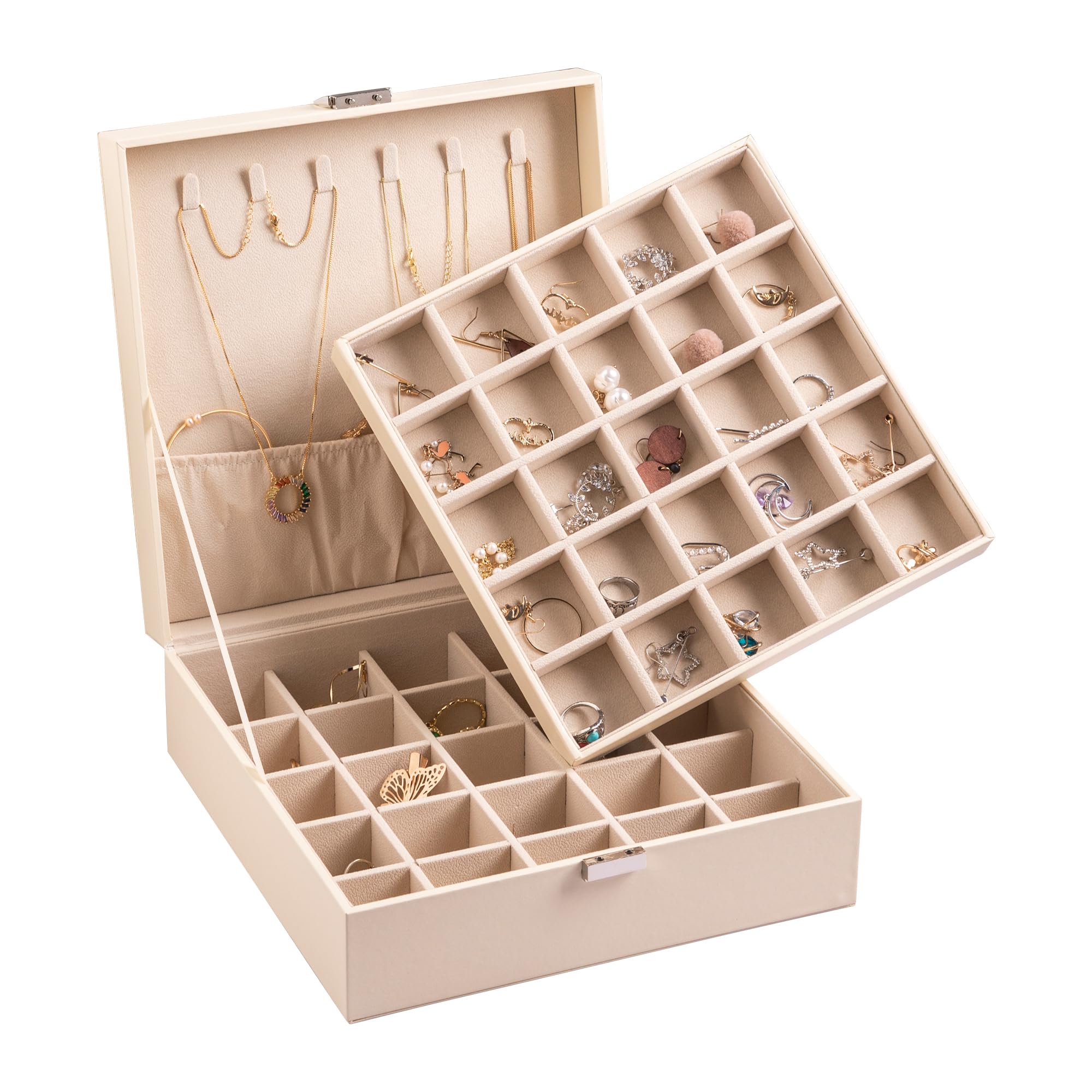 Photo 1 of ** MISSING PIECES **Frebeauty Earring Organizer Classic Jewelry Box 50 Slots Double Layer Jewelry Storage Case with 6 Necklace Hook and Bracelet Pocket(Beige)