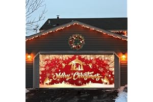 Trgowaul Christmas Garage Door Decorations, Large Red Gold Jesus Xmas Garage Door Cover Banner Backdrop, Jesus Nativity Merry Christmas Background Party Supply, Happy New Year Garage Door 7x16ft