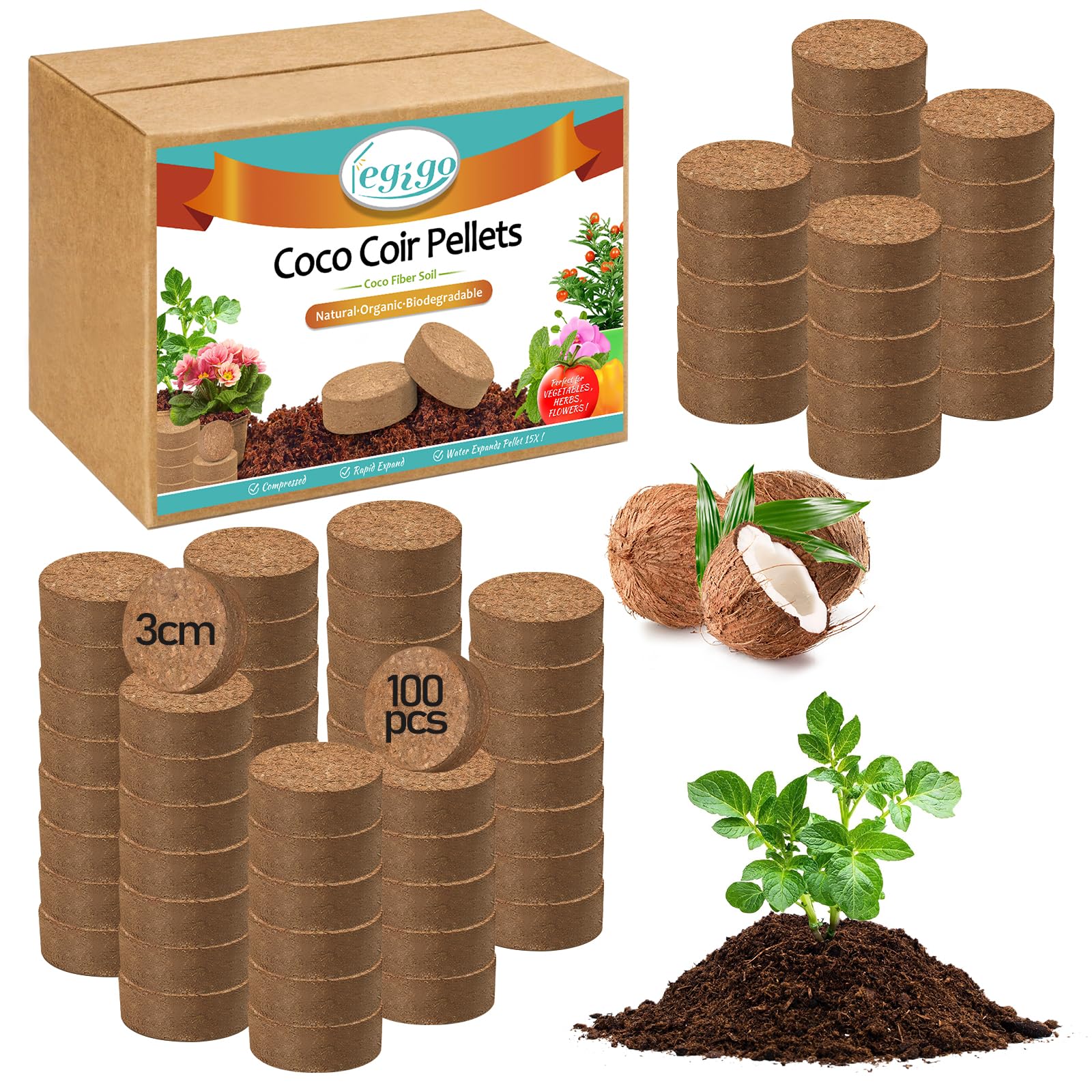 Photo 1 of Legigo 100 Pcs 30mm Coco Coir Pellets Seed Starting Soil Mix- Compressed Coconut Coir Pellets Potting Soil Pods for Seedling, Coco Peat Soil Discs for Indoor & Outdoor Plants, Herb Vegetables Flowers