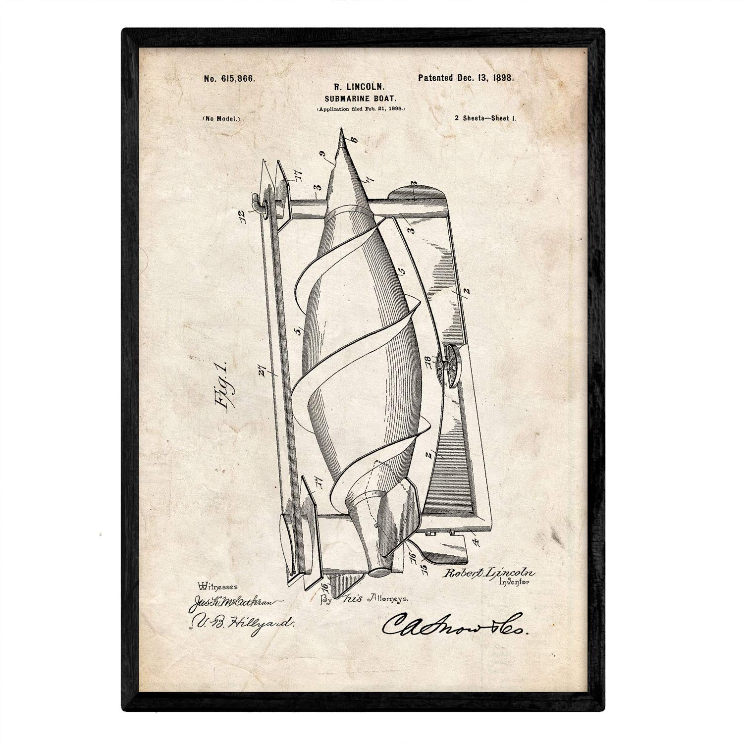 Nacnic Poster Submarine patent. Sheet with old design patent in A3 size and vintage background