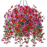 Artificial Fake Hanging Flowers Plants with Basket Spring Outdoor Decor,Faux Silk Flowers with Eucalyptus in Planter No Fade Flower in Basket for Farmhouse Home Garden Porch Patio Balcony(Red Purple)