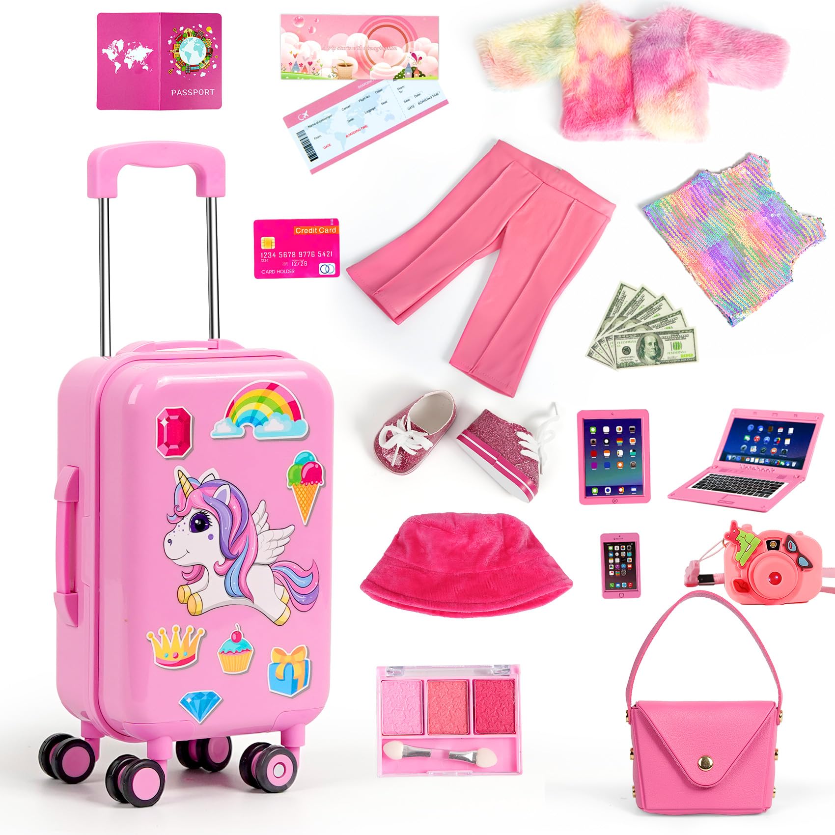 26 PCS American18 inch Doll Clothes and Accessories -Travel Suitcase Luggage, Clothes and Shoes, Bag, Sunglasses, Camera, Passport, Notebook, Phone, pad Travel Gear Play Set(No Doll)