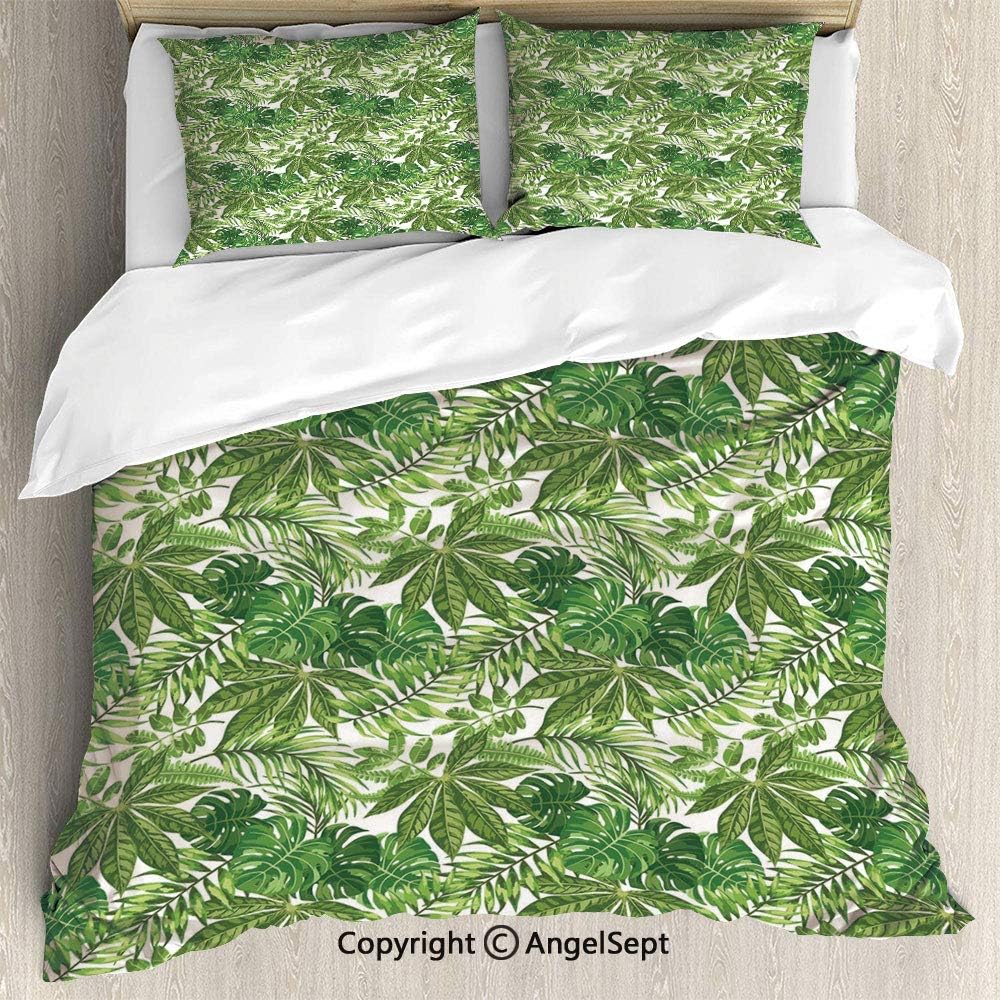 SfeatruAngel Bedding 3-Piece Set Duvet Cover Set,Mix of Jungle Foliage Leaves Madagascar Aloha Botanical Forest Plant Decorative,Twin Size,1 Quilt Cover 2 Pillow Shams,Green Olive Green White