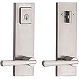 Baldwin Spyglass Single Cylinder Front Door Handleset Featuring SmartKey Security in Satin Nickel, Prestige Series with a Modern Contemporary Slim Door Handleset and Square Lever