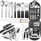 Portable Camping Kitchen Utensil Set-27 Piece Cookware Kit, Stainless Steel Outdoor Cooking and Grilling Utensil Organizer Travel Set Perfect for Travel, Picnics, RVs, Camping, BBQs, Parties and More