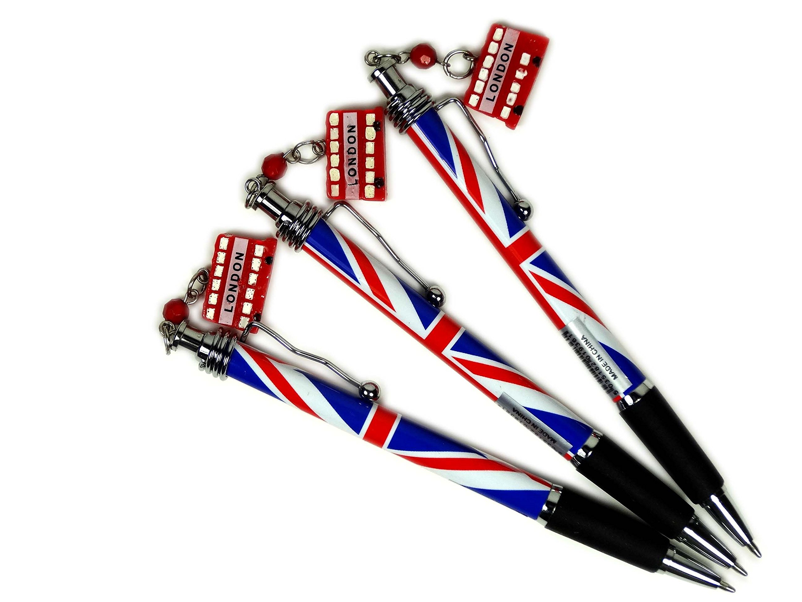 Pens Red Bus Charm Silver Clip Rollerball with Union Jack Design, Set of 3, London Souvenir Collectable