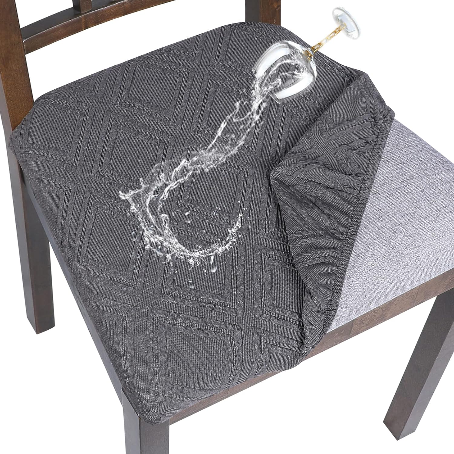Slipcovers - SearchI Waterproof Seat Covers for Dining Room Chairs Stretch Jacquard Chair Seat Covers Set of 4, Removable Washable Kitchen Chair Seat Protector Cushion Slipcovers for Office (Grey Rhombus)