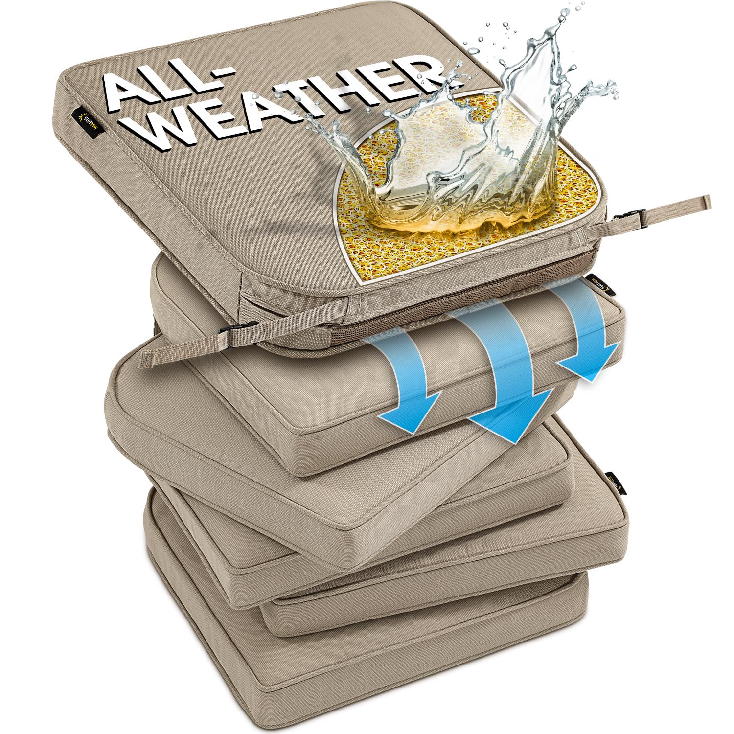Photo 1 of SUNROX DryFast Foam Outdoor Chair Cushion with DryMesh Drainage, All-Weather FadeShield Water Resistant Patio Furniture Cushions, Ultra Durable Patio Chair Cushions 17"x16", 6 Pack Husk Birch