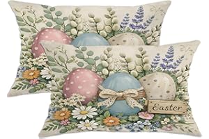 Easter Egg Throw Pillow Covers Set of 2, Spring Rustic Chrysanthemum Lavender Easter Pastel with Hidden Zipper Decorative Pil