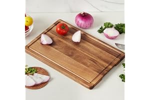 Large Acacia Wood Cutting Board for Kitchen, 18x12 in Thick Wooden Chopping Board with Deep Juice Grooves & Built in Handle, 