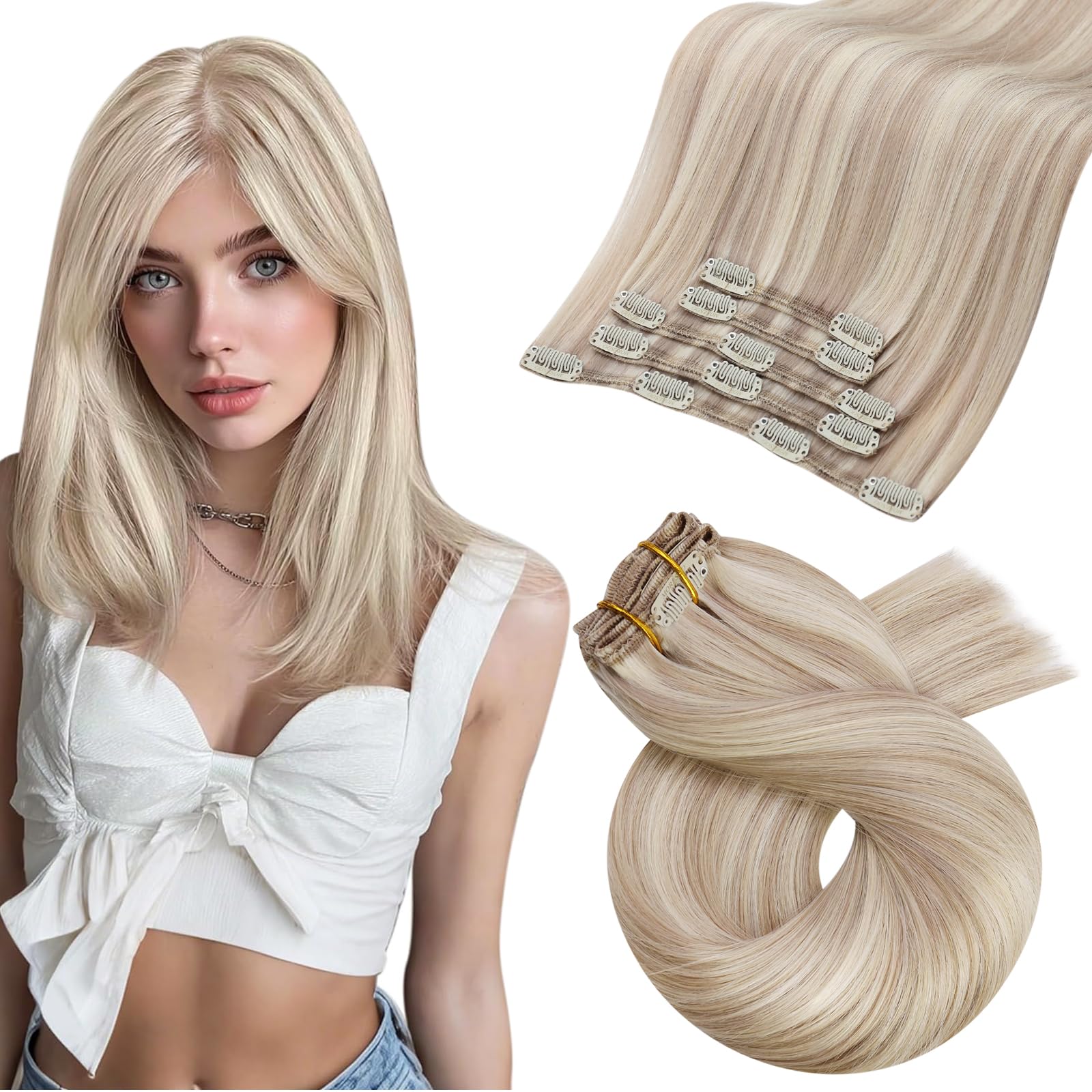 Moresoo Human Hair Extensions Clip in Real Hair Ash Blonde with Bleached Blonde Clip in Hair Extensions Remy Human Mid-length Hair Layered Add Volume 14 Inch 5pcs/80g #P18/613