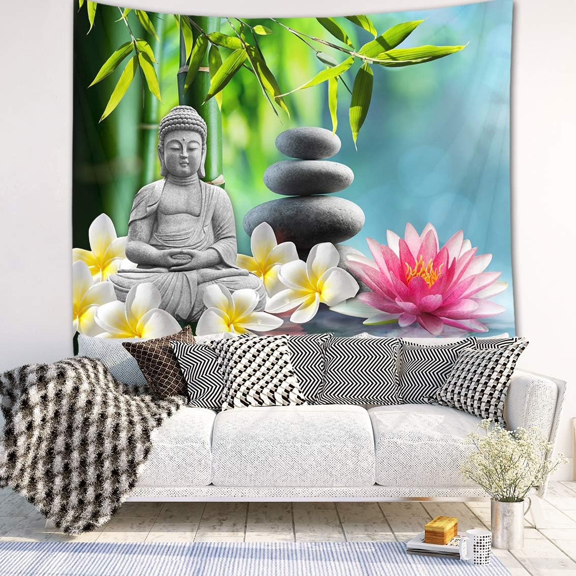 LB Zen Tapestry Green Bamboo Forest Wall Tapestry White Orchid Pink Flower Wall Hanging Tapestries for Living Room Bedroom Dorm Party Wall Decor,78x59 inches - Image 3