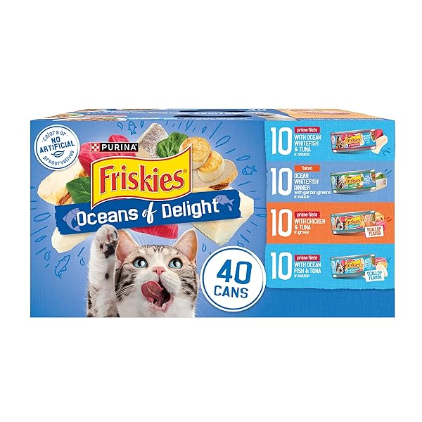 PURINA FRISKIES WET CAT FOOD VARIETY PACK, OCEANS OF DELIGHT FLAKED AND PRIME FILETS – (PACK OF 40) 5.5 OZ. CANS
