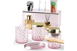 BSSN Glass Bathroom Accessories Set 5Pcs Crystal - Foaming Soap Dispenser, Soap Dish, Cup, Acrylic Toothbrush Holder with Tray Organizer, Qtip Jar, Bathroom Counter Set Sink Decor (Pink)