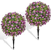Grewyear Artificial Purple Rose Topiary Ball Trees with Ground Spike Set of 2, Faux Boxwoods for Outdoor Planters, UV Resistant Artificial Outdoor Plants for Porch, Fake Bushes Round Shrub