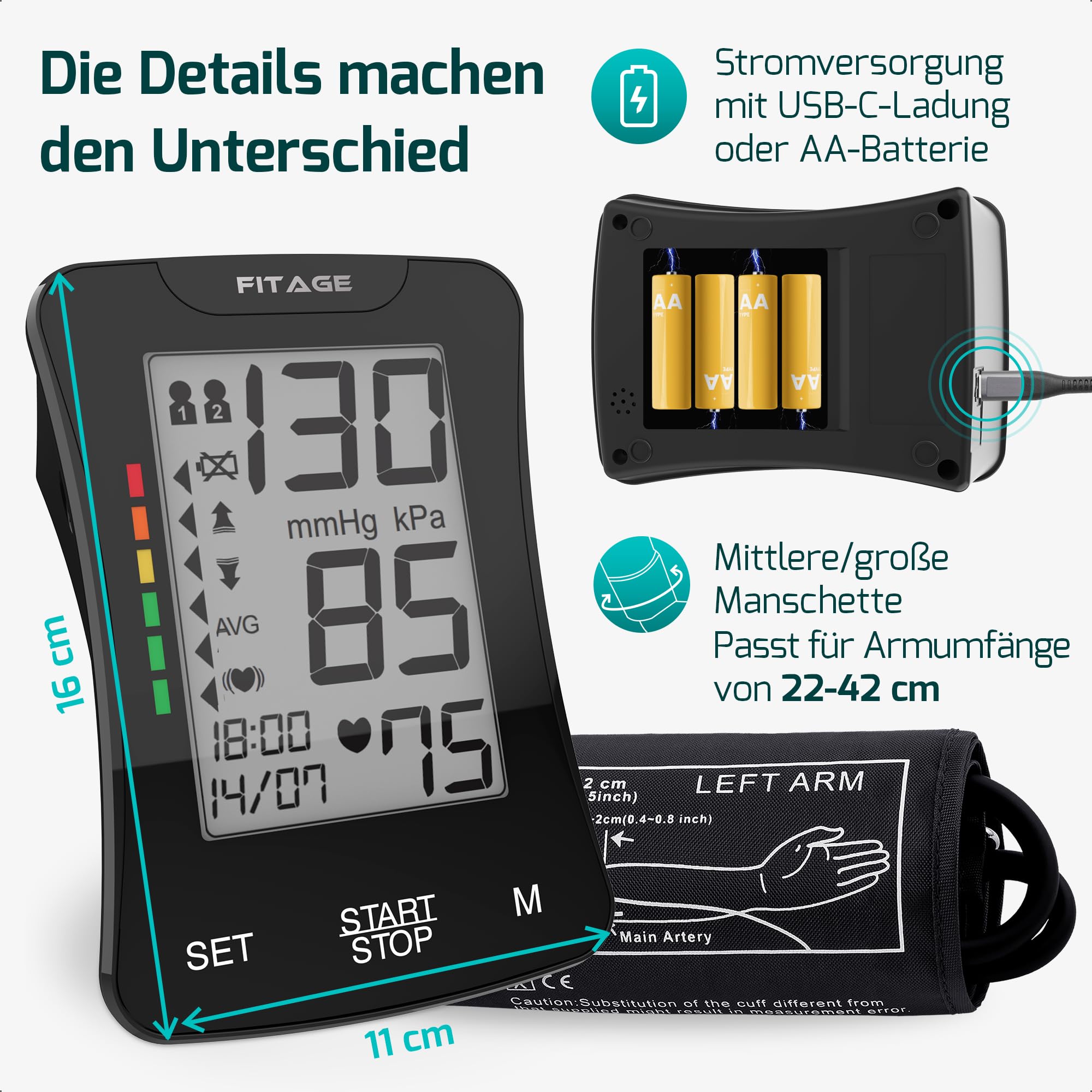 FITAGE Blutdruckmessgerät Oberarm Digital Blutdruck-Messgerät und Pulsmesser mit Speicherfunktion Manschettensitzkontrolle für Oberarmumfänge von 22-42 cm, Arrhythmie-Erkennung Blood Pressure Monitor 3