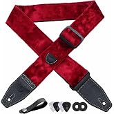 YIKOKO Guitar Strap 2 inch Velvet Guitar Straps with Full Grain Leather End, for Bass Electric and Acoustic Guitars, Free Strap Button, 2 Strap Locks and 4 Guitar Picks
