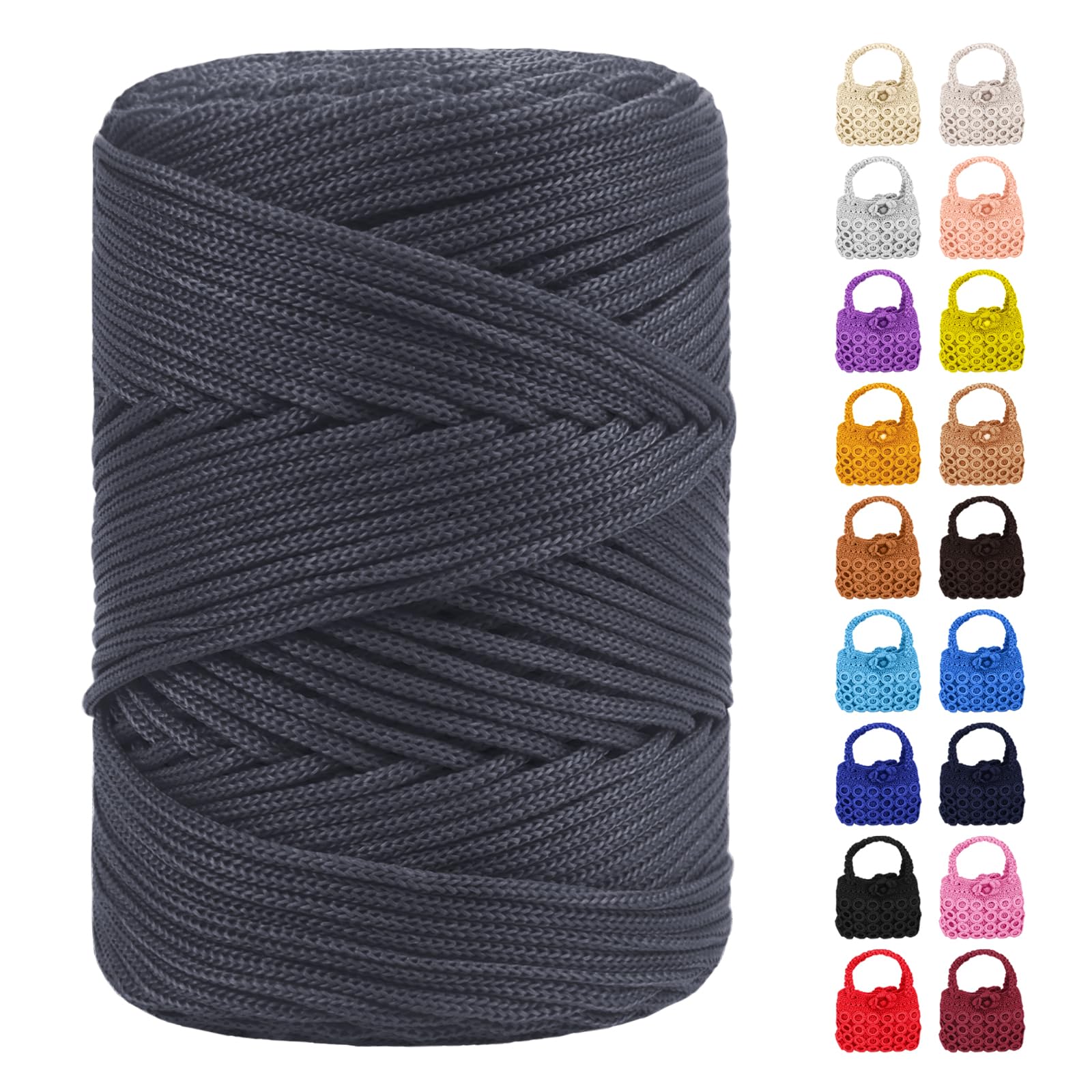 LEREATI Polyester Macrame Cord 3mm for Crocheting, 170m Braided Macrame Rope Polypropylene Crochet Bag Cord, Polyester Yarn for Basket Bags DIY Crafts Home Decoration (Dark Gray)