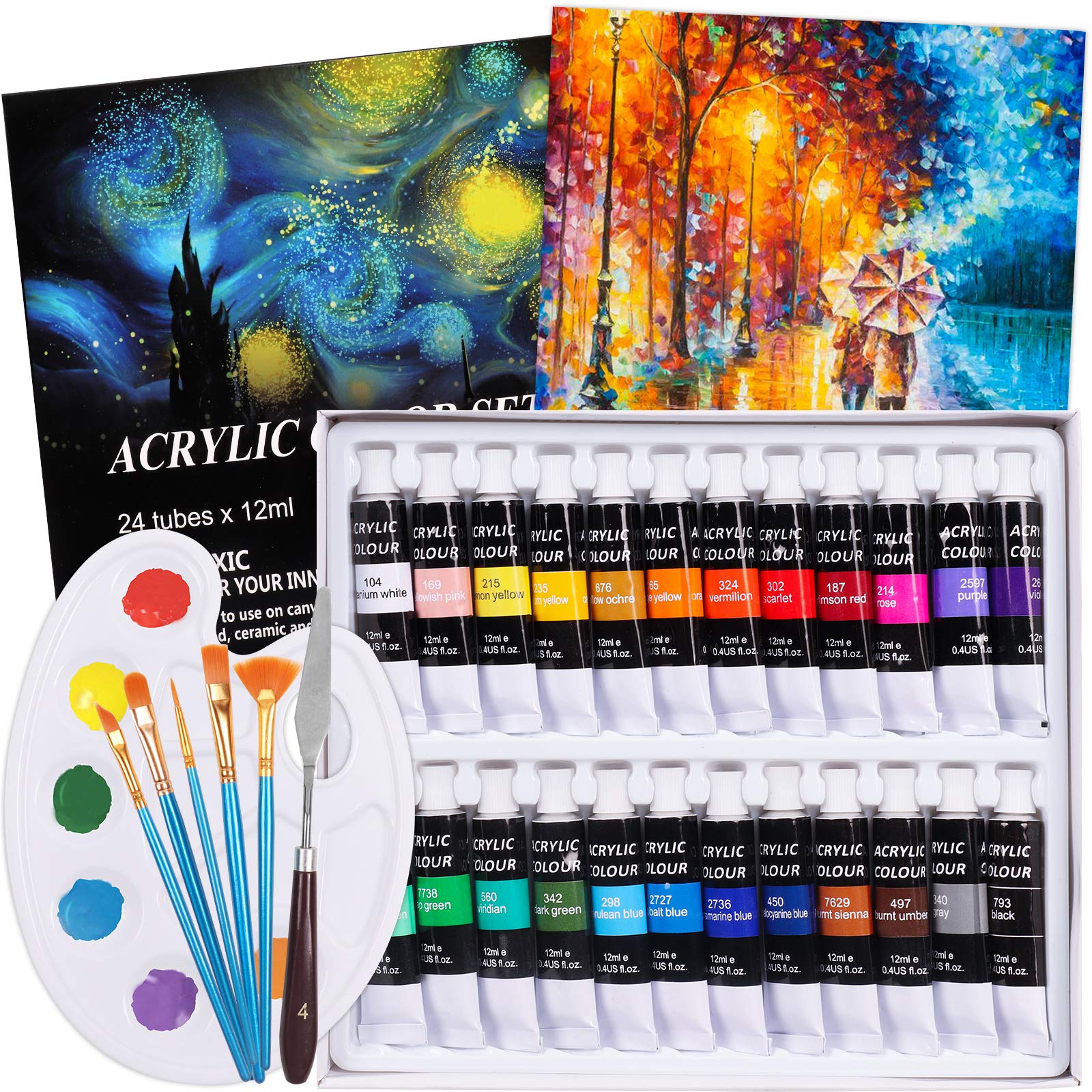 Hiveseen 24 Colours Acrylic Paint Set for Beginners Professionals Paint on Paper, Canvas, Wood , Ceramic , Fabric, Crafts, Include 5 Paintbrushes, Palette, Canvas and Scraper for Kids and Adults