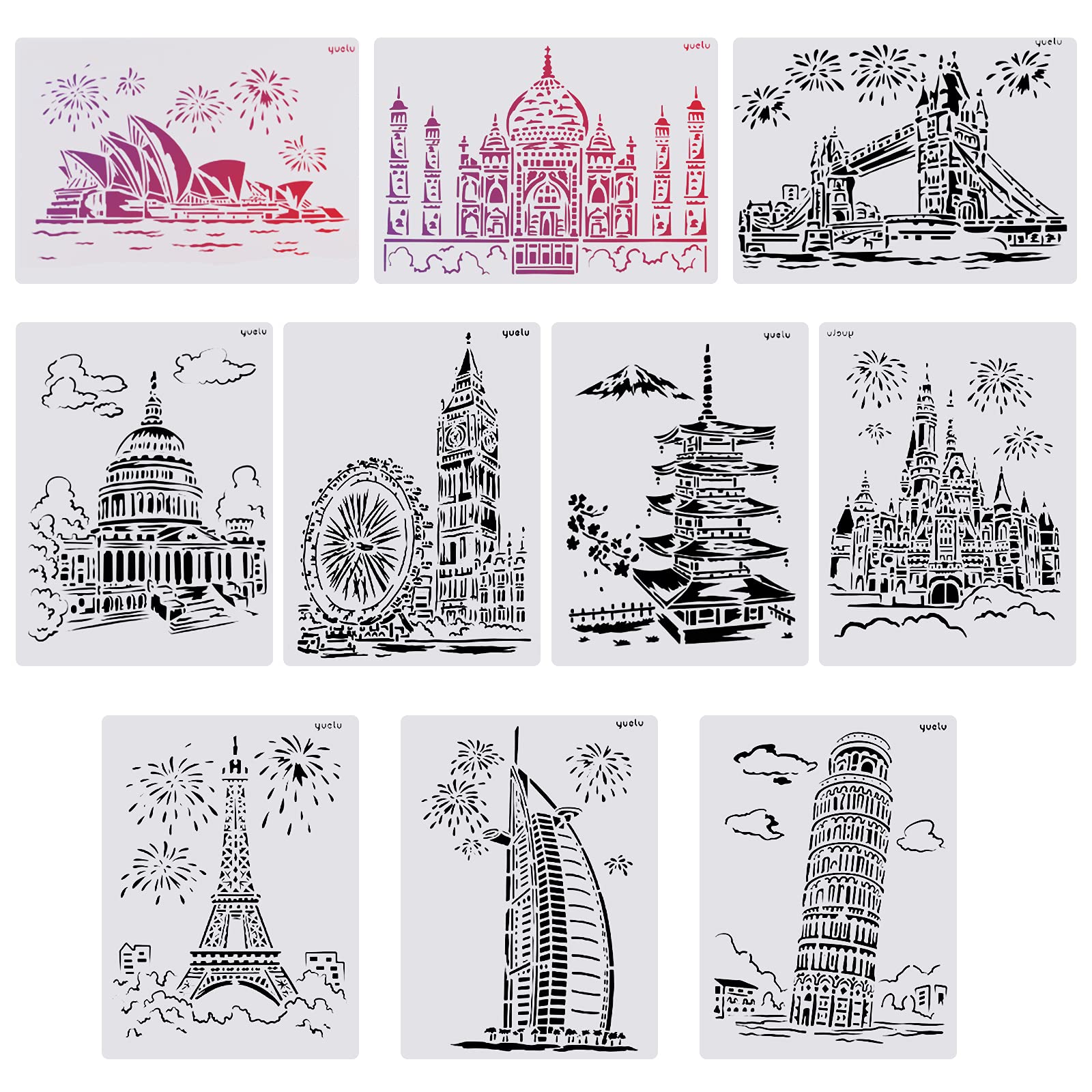 GORGECRAFT 10pcs Famous Buildings Theme Stencils Plastic Drawing Stencil 11 x 8inch for DIY A4 Journal Notebook Diary Scrapbook Art Craft Projects, White